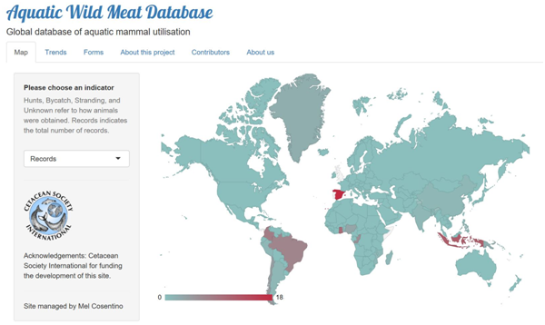 Aquatic Wild Meat Database home page. The picture shows a world map colour-coded by number of records per country.